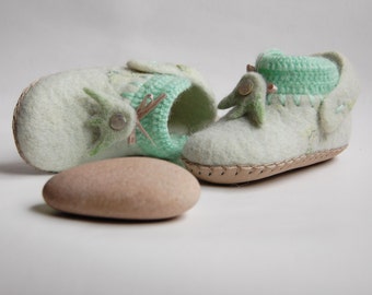 Felted Wool Baby Booties, Pastel Green Leather Sole, Size for  kids 6.5 US