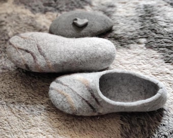 Handmade Grey Wool Felt Slippers, Thin Travel Scandi Hygge Home Shoes