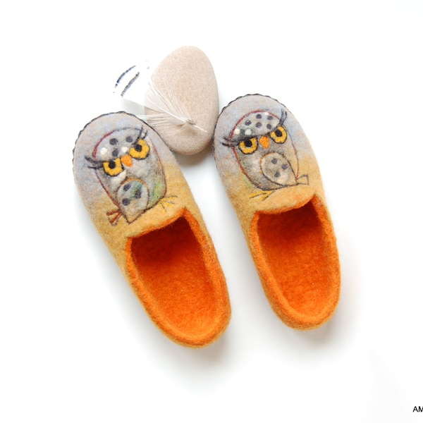Orange wool slippers owl slippers for girls toddlers felt slippers felted slippers for kids gift for children  - to order