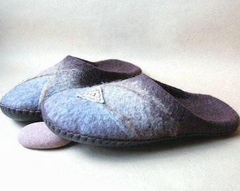 Brown blue wool felted slippers for men - mountains art slippers - eco living - gift for him - made to order