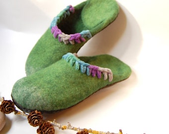 Greenery felted slippers with crochet borders - made to order