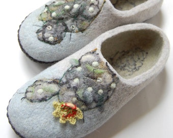 Felted Wool Slippers - Cactus Art, Organic Gray & Blue House Shoes