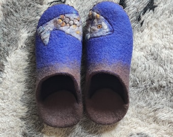 Felted Wool Slippers with Fish Art – Handmade Eco-Friendly Clogs
