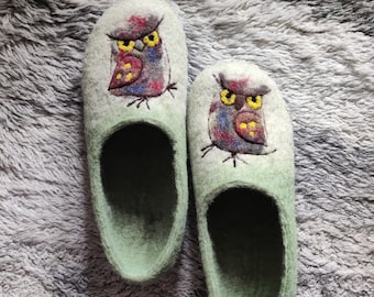 Felted Wool Owl Art Slippers, Grass Green Women's House Shoes