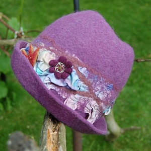 Boho style, Wool felt hat for women, Grape color felted cloche, Women wool hat decorated with silk, Nuno felt Wool brim hat - M size