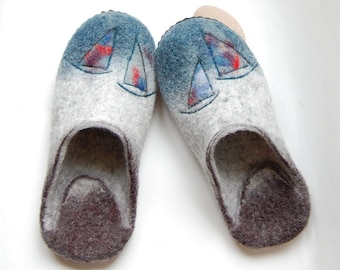 Gift for Him Men Felted slippers Boats Men Grey wool slippers  Eco slippers-9 US