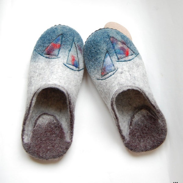 Gift for Him Men Felted slippers Boats Men Grey wool slippers  Eco slippers-9 US
