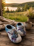 Dragonfly Art Felted Wool Slippers, Leather Sole House Shoes product logo