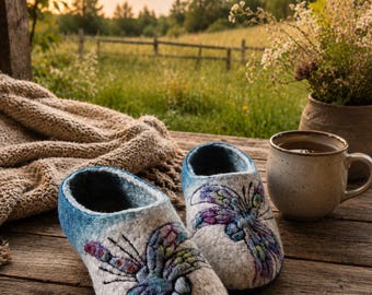 Dragonfly Art Felted Wool Slippers, Leather Sole House Shoes