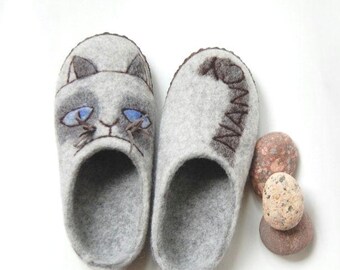 Grumpy Cat Felted Wool Slippers, Personalized Cat Name Home Shoes