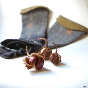 May include: Three brown horse chestnut conkers with prickly husks, two with the husks open and one closed, on a white surface next to two gray wool socks with brown cuffs.