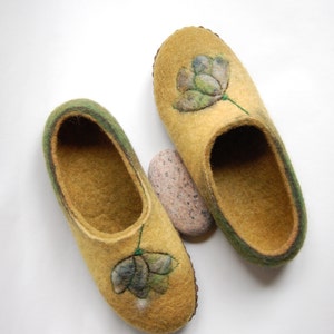 Felted slippers floral art for women, mustard mossy wool house shoes, Christmas gift - to order