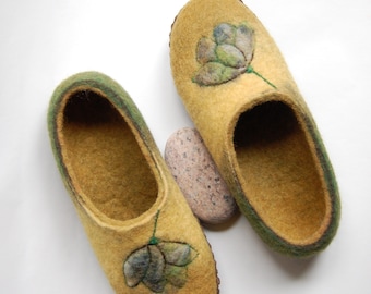 Felted slippers floral art for women, mustard mossy wool house shoes, Christmas gift - to order