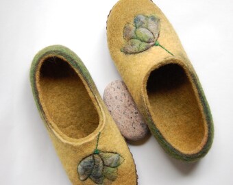 Felted Wool Slippers: Floral Art, Mustard Mossy House Shoes