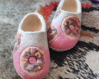 Felted Wool Slippers: Chocolate Donuts Art, Eco House Shoes