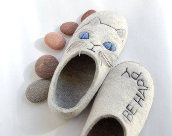 Felted slippers - Cat art wool slippers for women - Gift for Cat lovers - Grey white natural wool house shoes - woolen clogs - to order