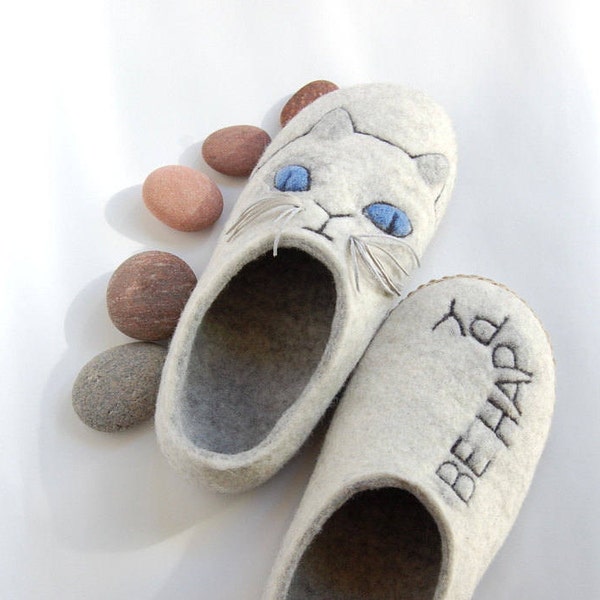 Felted slippers - Cat art wool slippers for women - Gift for Cat lovers - Grey white natural wool house shoes - woolen clogs - to order