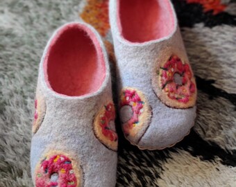 Donut Art Felted Slippers: Handmade Wool House Shoes with Leather Soles