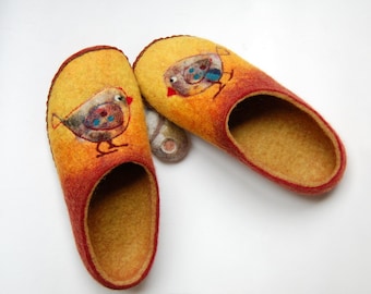 Birds art slippers yellow and bordeux felted wool, womens woolen slippers with leather soles, eco living- made to order