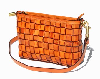 Lattice Woven Bag Genuine Leather Bag with Shoulder Long Strap Yellow Color Christmas Gifts Soft woman Handbag