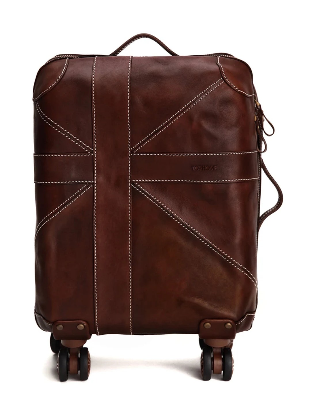 Retro Genuine Leather Rolling Luggage Capacity Business Suitcase Wheel ...