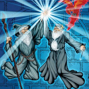 May include: Two wizards with long white beards, wearing blue robes, are high-fiving each other in front of a brick wall. A red phoenix flies above them. The text "MAGIC! HECK YEAH!" is at the bottom of the image.