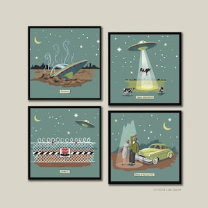 Retro UFO Coasters, Flying Saucer Coaster Set, Aliens, Extraterrestrials, Sci-Fi Geek Gift,  Hostess Gift, Housewarming, Stocking Stuffer