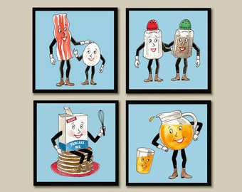 Retro Food Coasters, Retro Breakfast Coaster Set, Vintage Food, Anthropomorphic, Retro Kitchen, Hostess Gift, Housewarming, Vintage Kitchen