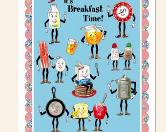 Retro Kitchen Breakfast Food Print featuring fun, anthropomorphic food.characters