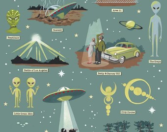 Retro UFO Print, Flying Saucer Print, featuring Roswell, Area 51, Aliens, Crop Circles, a Great Science Geek or classic Sci-Fi Gift