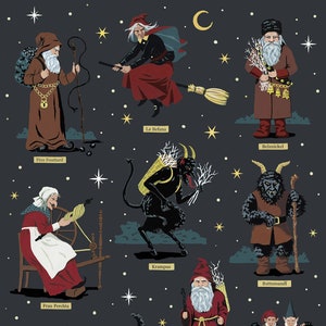 Dark Christmas Folklore Print featuring Creepy Gothic Christmas Characters, Krampus, Belsnickel, La Befana, Knecht Ruprecht and more