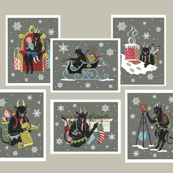 Krampus Christmas Cards, Set of 6 Blank Cards and Envelopes, Unusual Dark, Gothic Christmas Cards