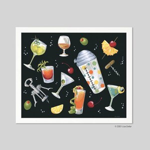 This retro cocktail print from an original watercolor painting, will make a charming addition to your vintage kitchen or bar decor. These playful cocktails and shakers make me want to run into the kitchen and mix up a big batch of martinis!