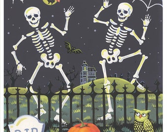 Skeleton Print, Halloween Print, Retro Halloween Decor, Vintage Halloween, Spooky Art, Citrouilles, Cimetière, Maison hantée,