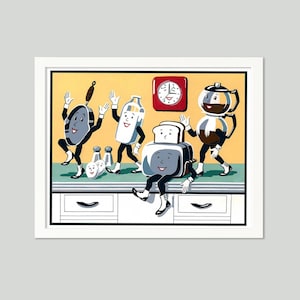This Retro Kitchen Print from an original gouache painting, will be a cheery addition to your vintage, mid century kitchen. These anthropomorphic breakfast foods make a great housewarming or hostess gift too for your vintage loving friends!