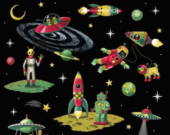 Retro 1950's Sci-Fi Space Print featuring vintage rockets, flying saucers and spacemen