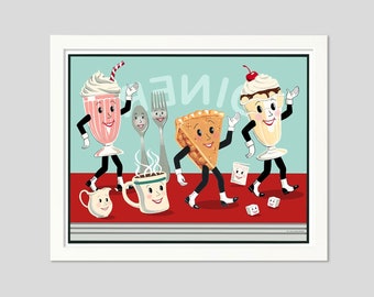 Retro Diner Food Print from Original Artwork for Vintage Mid-Century Kitchen with Anthropomorphic 1950's style - Kitsch Housewarming Gift