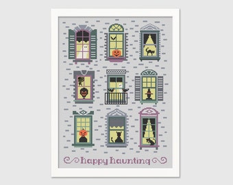 Happy Haunting Cross Stitch Pattern - Halloween Needlepoint Pattern - Instant Download PDF - Digital