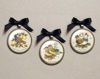 12 Days of Christmas Ornaments from Original Artwork Partridge in a Pear Tree Ornament, Turtle Doves, French Hens, Retro Christmas,