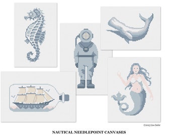 Needlepoint Canvas - Nautical - Seashore - Summer - Mermaid - Seahorse - Whale - Hand Painted