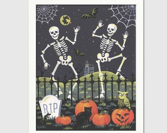 Dancing Skeleton Watercolor Print – Retro Halloween Graveyard Decor