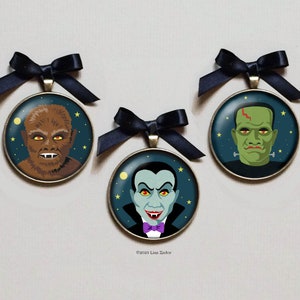 Vampire, Frankenstein or Werewolf Ornaments for Halloween from Original Artwork, Classic Monster Christmas, Stocking Stuffer or Secret Santa