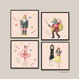 May include: Four framed art prints featuring characters from The Nutcracker ballet. The prints include a Nutcracker soldier, Mouse King, Sugar Plum Fairy, and Clara. Each print has a pink background with snowflakes and candy cane accents. The text "The Nutcracker", "Mouse King", "Sugar Plum Fairy", and "Clara" are included.