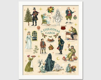 Scrooge Christmas Carol Print from Original Artwork with Ghosts of Christmas & Tiny Tim by Dickens -Literary Print