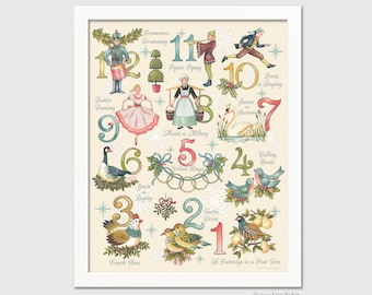 Twelve Days of Christmas Print from Original Artwork , Nostalgic Old Fashioned Christmas Artwork, Partridge in a Pear Tree & Turtle Doves,