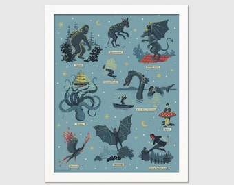 Paranormal Creatures Art Print, Bigfoot, Kraken, Loch Ness Monster