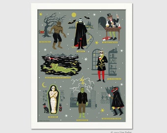Classic Monster Movie Print for Halloween from Original Hand Painted Artwork with Frankenstein, Dracula, Wolfman, Mummy, Phantom