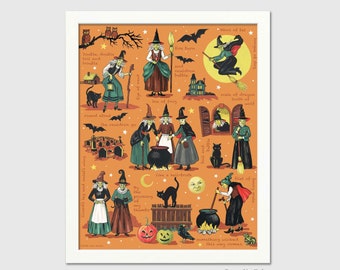 Stampa di strega di Halloween da opera d'arte originale, stregoneria, pagana, arte della strega cattiva con zucche spettrali, cimitero, casa stregata, gatto nero
