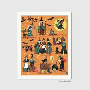 Halloween Witch Print from Original Artwork, Witchcraft, Pagan, Wicked Witch Art with Spooky Pumpkins, Graveyard, Haunted House, Black Cat
