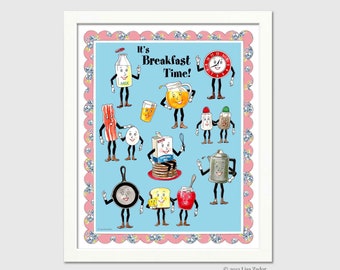 Retro Kitchen Breakfast Food Print from Original Artwork Featuring Fun, Anthropomorphic  Mid Century Food with Faces